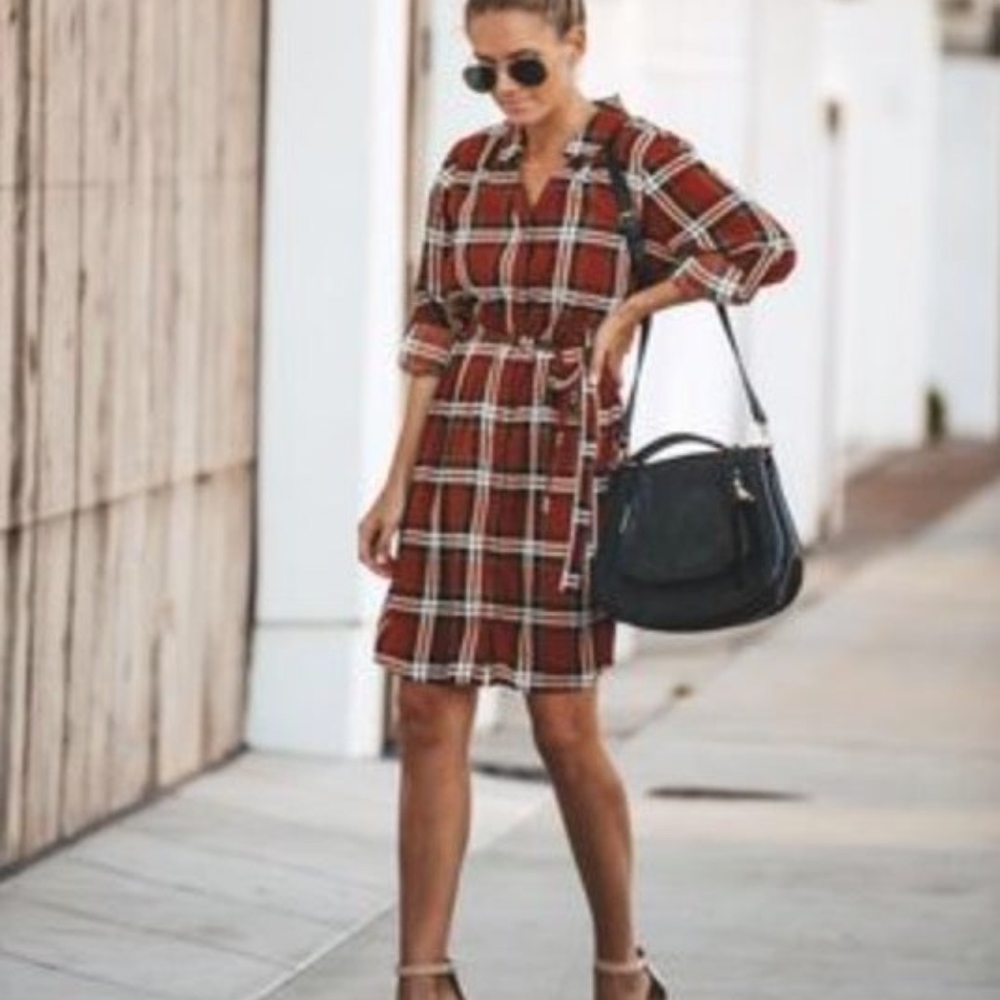 Vici Scotty Plaid Button Down Tie Dress